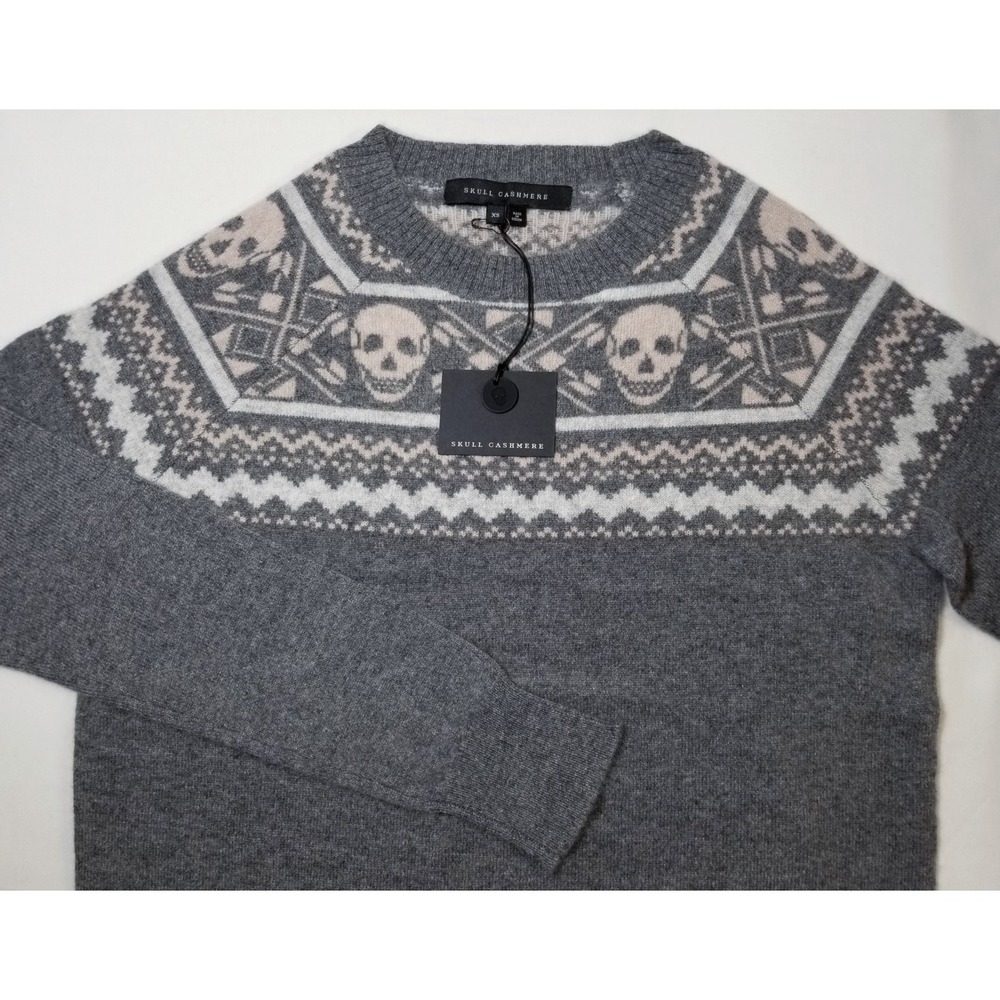 NWT Skull Cashmere Miley Fair Isle Skull Sweater Grey 100% Cashmere XS $345